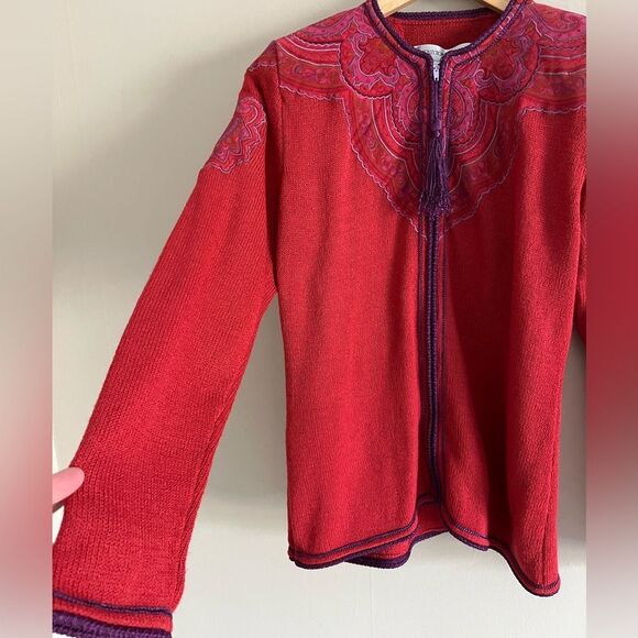 Vintage UMI Collections Anne Crimmins Embroidered Red Zip Cardigan M Boho Artsy - Picture 3 of 7